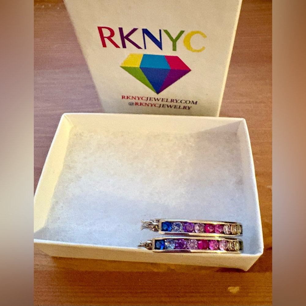 NWOT Multicolor Gemstone Earrings sterling silver oblong hoops